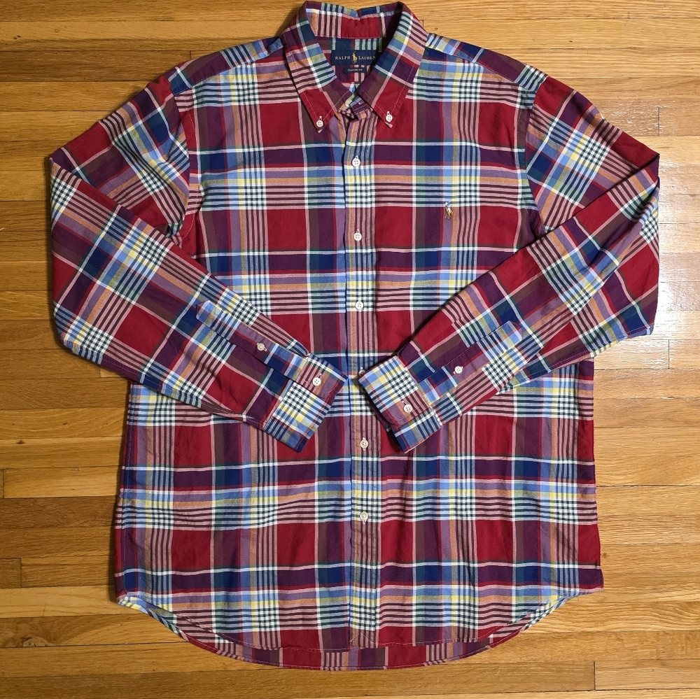 Polo Ralph Lauren Oxford XL Mens Long Sleeve Shirt Red Plaid Multi Color Logo